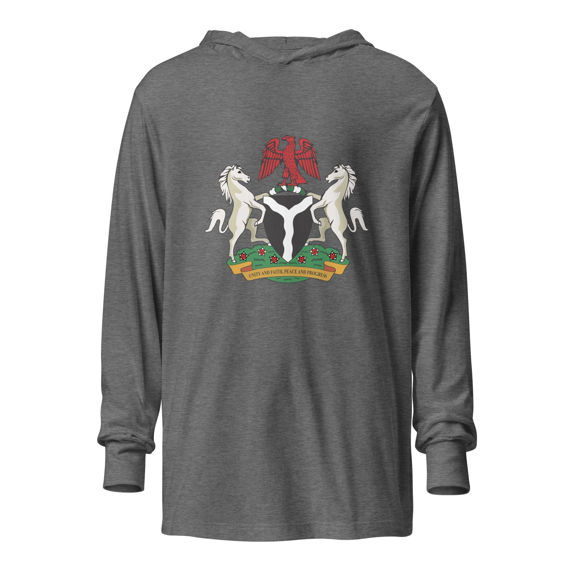 Light weight Coat of Arms Hooded long-sleeve tee- Nigerian Hoodie, African Hoodie, Black hoodie, Red African Hoodie, Grey Hoodie